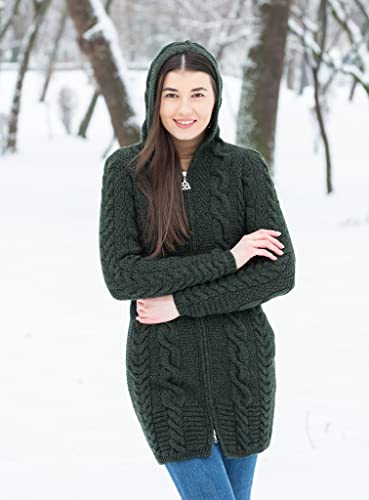 SAOL 100% Merino Wool Aran Cable Knit Hooded Zip Cardigan Irish Coat4