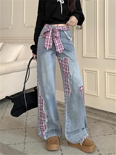 Women's Plaid Splicing Bow Patch Jeans High Waisted Vintage Casual Denim Pants2