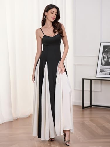 Women's Sexy Sleeveless Dress Low Cut Black & White Panelled Maxi Skirt High Waist Tight A-Line Flowing Slip Dress3