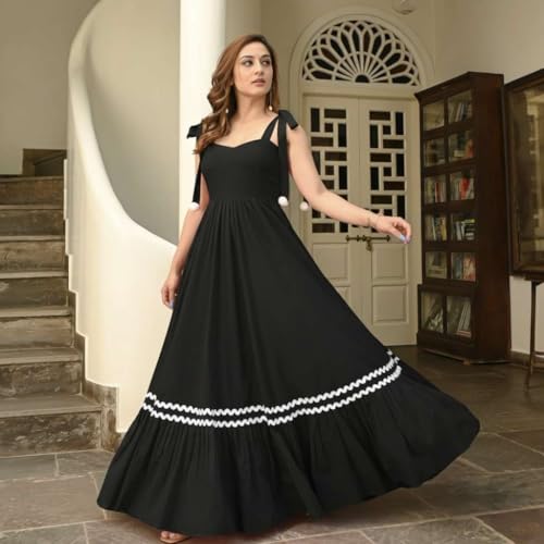 Image of Women's Elegant Long Maxi Gown with Shoulder Ribbon Tie-Up, Stylish & Trendy - Fit and Flare Sleeveless Square Neckline Western Dress, Casual Dress for Women