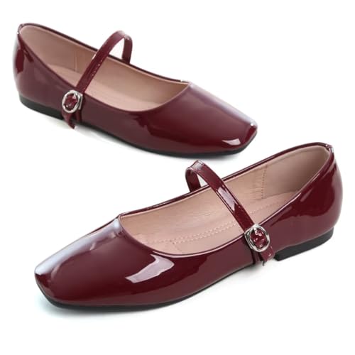 Image of TN TANGNEST Leather Flats for Women Retro Mary Jane Flats | Comfortable Square Toe Slip On Flats with Buckle Strap, Soft Work Flats Office Shoes
