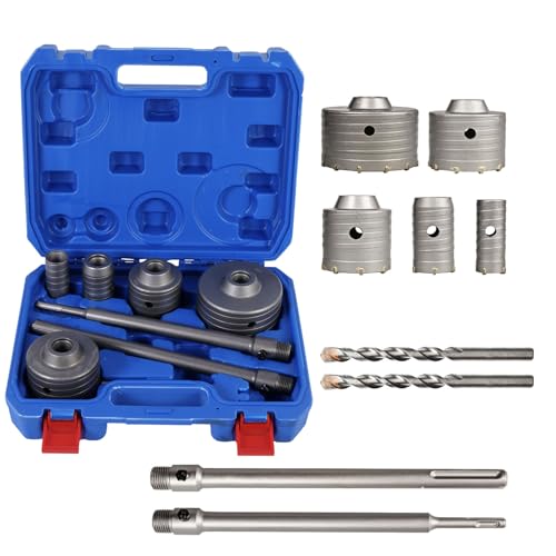 BHTOP 9 Pcs Masonry Concrete Hole Saw Kit, (30 40 65 80 100 mm) Saws, 300 mm Tungsten Carbide SDS Plus & SDS Max Bit Shank, Hole Saw Set for Concrete Brick Stone Cement Tile Wall