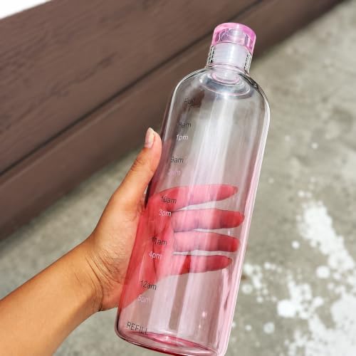 Image of Glass Water Bottle for Adults, Student Direct Drinking Freezer Safe, Leak Proof, Gym Travel On-The-Go Hotel-Style Design Borosilicate Glass Water Bottle With Time Marker (1000ML PINK)