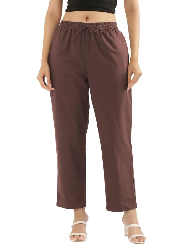 Image of SAADAA Cotton Straight Pants for Women | Breathable Everyday Wear Trousers | Drawstring, Deep Pockets & Elastic Waistband | Casual & Comfortable Fit
