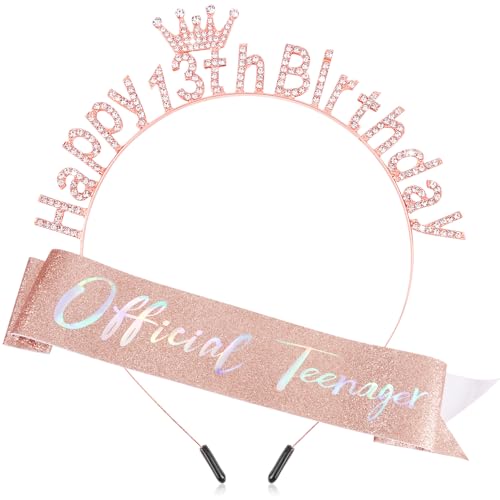 Atoden 13th Birthday Decorations for Girls Official Teenager Sash 13 Year Old Tiara Crown Headbands Thirteen Hair Band Happy 13th Birthday Gifts for Girls Rose Gold