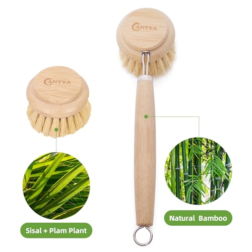 Image of Bamboo Scrub Brush with Handle - Soft Bristles, Non Toxic Dish Brush, Compostable & Biodegradable, Bamboo Dish Scrubber for Cookware, Bowls and Plates, Non-Stick Pans