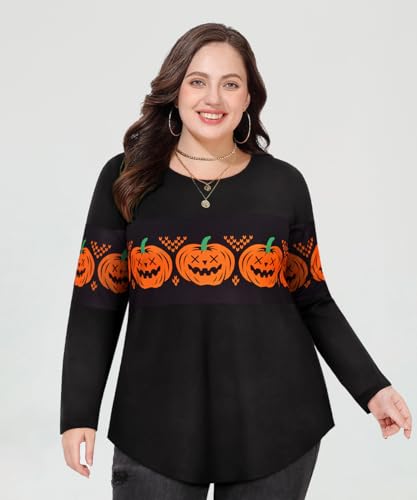 Image of CARCOS Plus Size Tops for Women Color Block Flower /Striped /Camo Crew Neck Long Sleeve Tee Shirt