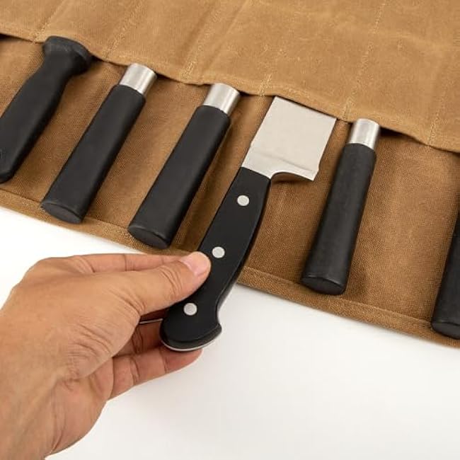 Knife Roll,Waxed Canvas Knife Bag,Heavy Duty Knife Case,Chef Knife Bag Roll with 8 Slots for Knives and Kitchen Tools,Knife Roll Bag For Chefs Culinary Traveling,Knives Pouch Holder Wrap (Khaki)