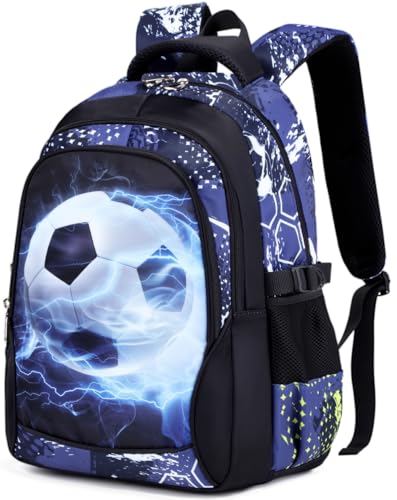 SOMBLG Schulrucksack Jungen Jungs Teenager Rucksack Kinder Schultasche Groß Kinderrucksack School Bag For Boys Ergonomisch Wasserfest 18 in (3-Schwarz Fußball)