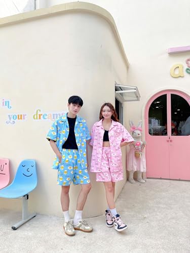 Silk Pajamas Set with Pockets Shorts Summer 2-piece outfit featuring cartoon cute print (US, Alpha, Large, Regular, Long, PINK)4