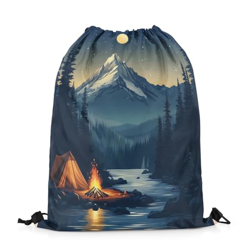 jejeloiu Camper Drawstring Backpack 13"x15.7" Campfire Tent Mountain Sports Gym String Bag Happy Camping Moon Drawstring Bags RV Camping Waterproof Cinch Bag Sackpack2