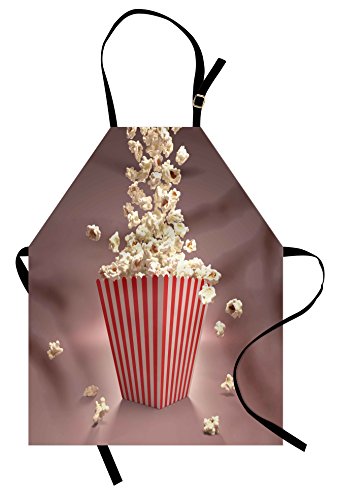 Lunarable Retro Apron, Retro Style Popcorn Art Image Cinema Movie Theater Theme in Classical Display, Unisex Kitchen Bib with Adjustable Neck for Cooking Gardening, Adult Size, Orange White