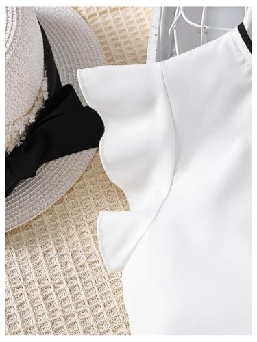 Image of Floerns Girl's Two Piece Outfit Ruffle Trim Sleeveless Blouse Bow Front Belted Pants Set Black and White 8Y