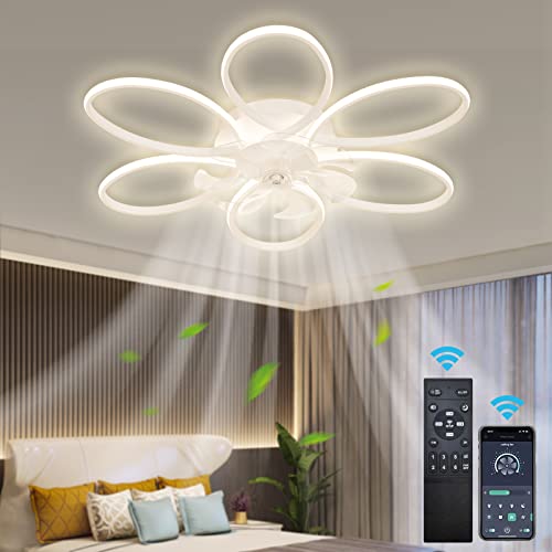 Kiwcllo Ceiling Fan with Lights and Remote,Flush Mount Low Profile Ceiling Fan with Dimmable LED Light 6 Gear Wind Speed 3 Color Temperatures Bladeless Ceiling Fan for Kids Room Living Room 35.4in…