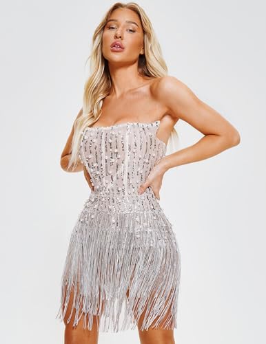 BELLA BARNETT Fashion Sequin Dress Fringe Silver Cocktail Women's Tube Sparkly Party Sexy Dress2