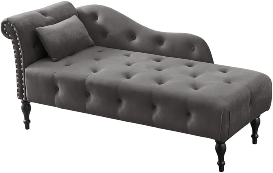 Velvet Chaise Lounge Button Tufted Nail Trim Solid Wood Legs W 1 Pillow 60.6" L X 27.50" W 28.30" H