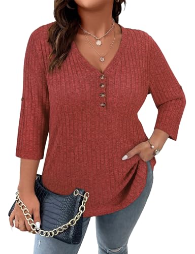 Image of Koscacy Women Plus Size V Neck 3 /4 Roll Sleeve Sweater Casual Knit Tops Solid Color Blouses