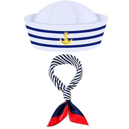 Sailor Hat and Scarf Kit Fancy Dress Stripes Captains Hat Sailor Outfit with White Sailor Hats Scarf Nautical Themes Captain Accessories Costume Accessory for Cosplay Navy Dressing Stage Performance