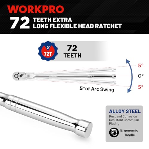 Image of WORKPRO 1 /4 inch Drive Extra Long Flex Head Ratchet, 12 Inch Long CR-V Steel Ratchet Handle with Chromium Plating, CR-MO Head, Quick Release Reversible Design, 72-Tooth