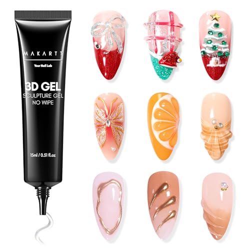 Makartt 3D Gel Nail Art, Sculpting Gel Glue for Drawing, Molding, Sculpture, Gems and Decoration, No Wipe Clear Gel Polish for DIY Nail Designs, 15g