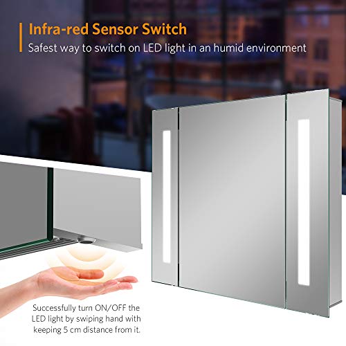 Quavikey Bathroom Mirror Cabinets LED Illuminated Mirrored Bathroom Cabinets Wall Mounted With Light Shaver Socket Demister For Makeup Cosmetic Shaver Charging 650 x 600mm