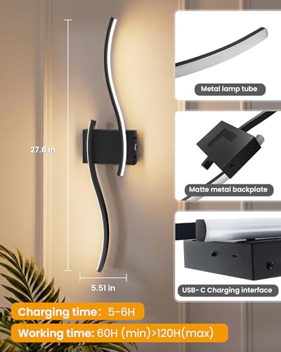 Image of NIORSUN 27.6 Inch Battery Operated Wall Sconce Set of 2, Black Modern Rechargeable Wall Lights with Remote, 3CCT Dimmable Wireless Wall Lamp for Living Room Bedroom Hallway