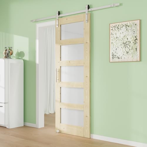 Image of Paintable Book Shelf Style Barn Doors, 96 inch x 84 inch Sliding Barn Door with Hardware Kit Included, White Primed Composite MDF Shelves, Pre-Drilled Hole, Easy Install