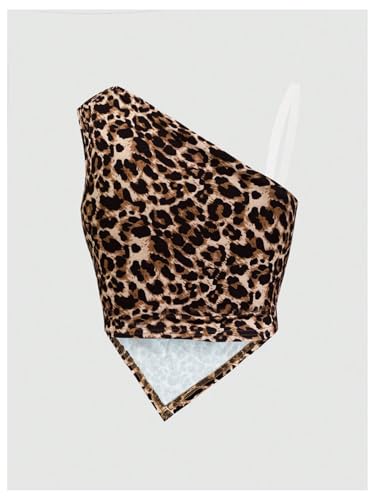 Verdusa Girl's Leopard One Shoulder Tops Y2K Summer Ruched Asymmetrical Sleeveless Tops2