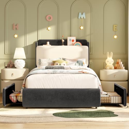 Image of Garvee Twin Size Bed Frame with Shelf & Drawers for Kids- Black & Beige