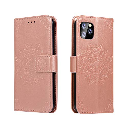 Shukukan Phone Cover iPhone 11 Pro 2019, Flower Embossed Wallet Case PU Leather Folio Stand Flip Magnetic Protective Holster with Wrist Strap Card Holders for iPhone 11 Pro 2019 5.8 inch Rose Gold