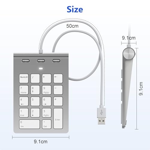 Nummernblock Ziffernblock USB - Kabelgebundenes Keypad & USB-Hub mit 3 Anschlüssen, NumLock-Funktion, Ultradünne Tastaturerweiterung, 18 Tasten, 0.5 M Kabel Numpad mit 3 USB2.0-Ports für Laptop, PC