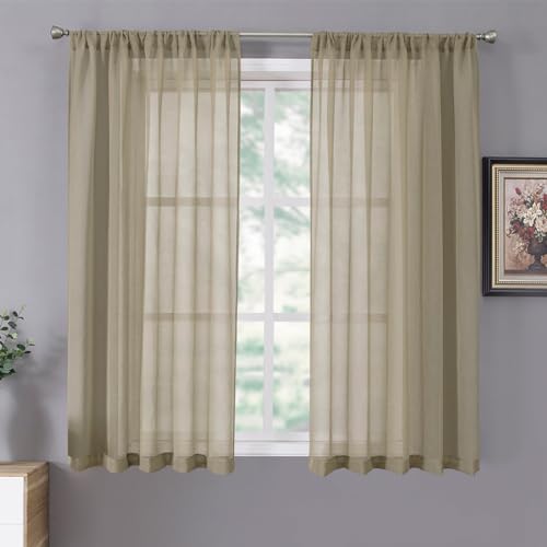 Tollpiz Sheer Curtains Linen Textured Bedroom Curtain Sheers Light Filtering Rod Pocket Voile Curtains for Living Room, 54 x 63 inches Long, Taos Taupe, Set of 2 Panels