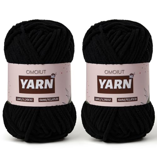 Image of 2 Packs Plush Chenille Chunky Crochet Yarn - Baby Yarn for Crocheting Soft - Velvet Yarns Knitting for Blankets Crafts - Fluffy Amigurumi Yarns 100g /131yds (2 Black)