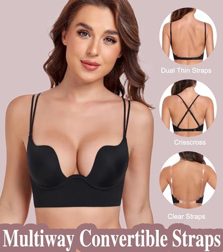 Image of Lemorosy Backless Push Up Bra Low Back Multiway Convertible Deep Plunge Underwire for Support