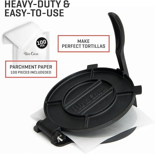 Uno Casa Cast Iron Tortilla Press 10 Inch - Tortilla Maker Press, Pre-Seasoned Roti Maker with 100 Pcs Parchment Paper - Heavy Duty Quesadilla Maker for Homemade Flatbreads, Rotis, Empanadas