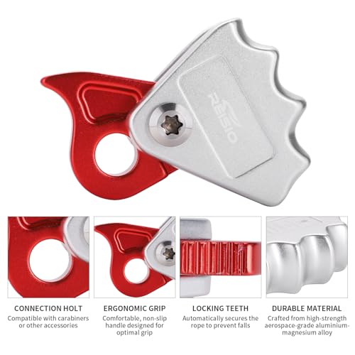 REISIO 15KN Detachable Climbing Ascender,Fall Protection Belay Device Climbing Rope Grab for Rocking Rescue Mountaineering Tree Arborist Caving Aerial Work 9-12MM (ZWQ-001)