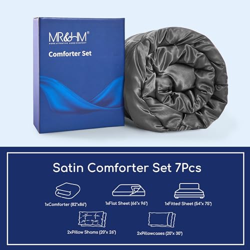 MR&HM Satin Comforter Full 7 Pieces - Luxurious Pinch Pleat Bedding Set with Comforter, Flat Sheet, Fitted Sheet, Pillowcases & Shams, Super Silky Soft Bed Set for All Season (Full, Dark Grey)