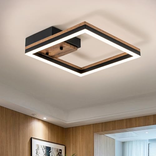 Image of Modern Square Led Ceiling Light, Dimmable Wood LED Flush Mount Ceiling Light Fixture, Minimalist Wood Ceiling Lamp for Kitchen, Bedroom, Hallway