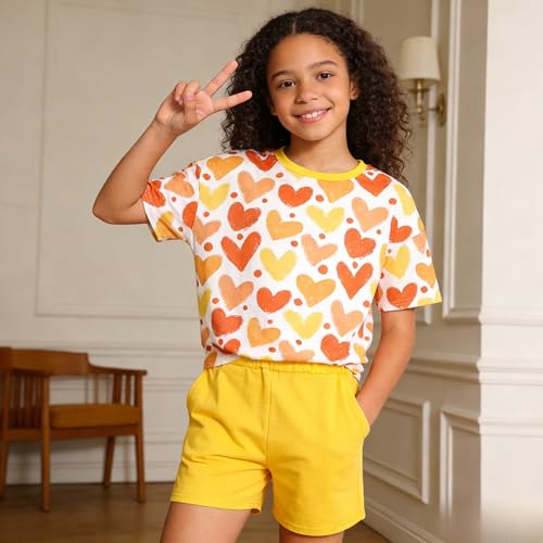 Image of Yoxindax Tween Girls Summer 2-Piece Outfit Set - Crew Neck Short Sleeve T-Cherry Print Shorts 7-14Y Summer Clothes