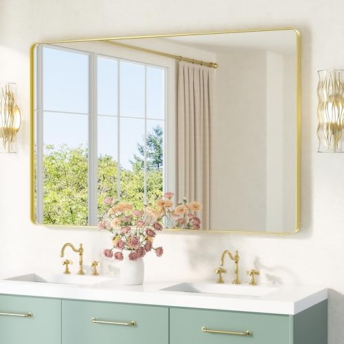 Image of TETOTE 55 x 36 Gold Bathroom Mirror Brushed Gold Metal Framed Vanity Mirror, Tempered Glass, Wall Mounted for Bathroom, Entryway, Bedroom, Living Room(Horizontal /Vertical)