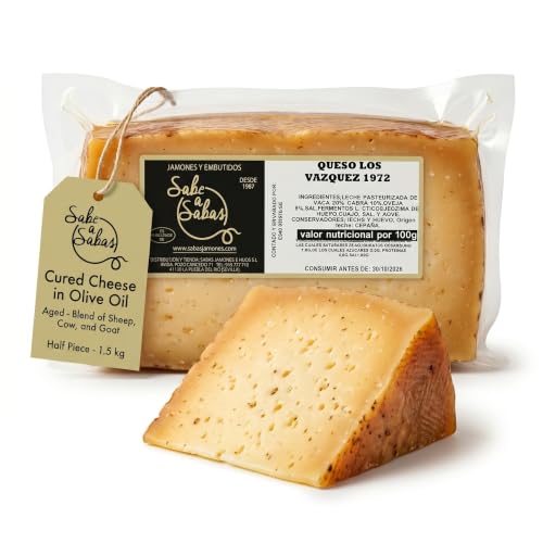 SABE A SABAS Queso Anejo Curado Madurado en Aceite de Oliva Virgen Extra AOVE Mezcla de Oveja Vaca y Cabra Medio Queso 1.5 kg Gran Reserva Sabor Fuerte para Tabla Aperitivo Picoteos y Regalo Gourmet