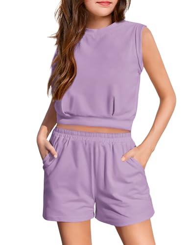 Image of Arshiner Girls 2 Piece Short Sets Sleeveless Tops and Shorts with Pockets | Round Neck Waist Elastic Sport Clothing Outfits Perfect for Spring Summer