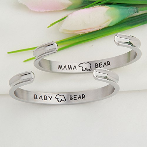 Wusuaned Mother Daughter Bracelet Set Mama Bear And Baby Bear Hair Tie Grooved Cuff Bangle Bracelet Mother's Day Gift For Mom Grandma #TOP4