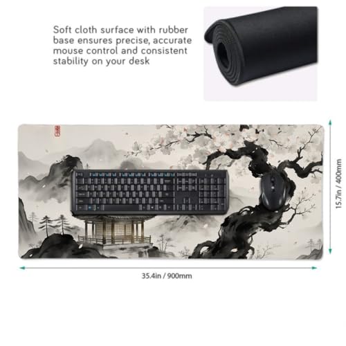 Image of Black Grey Japanese Mouse Pad 35.4x15.7 XXL Watercolor Painting Cherry Blossoms Extended Large Mousepad Keyboard Mouse Mat Desk Pad with Non-Slip Rubber Base Stitched Edges for Home Office Game