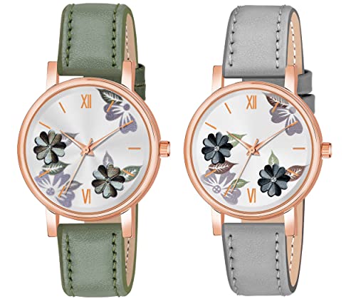 MAHI Trendz Analog 6 Different Color Flowered Dial Watch for Womens and Girls Single and Combo Watches for Women and Girl Pack of 2 and Pack of 3 (Green & Grey)