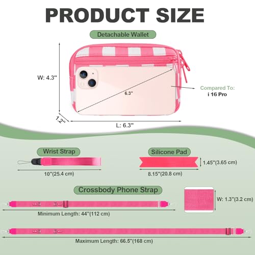 Image of YFWE Clip and Go Strap for Phone with Wallet Crossbody, Adjustable Phone Lanyard with Detachable RFID Wristlet Wallet, Phone Strap with Phone Tabs for All Phones, Pink Checkered (M)