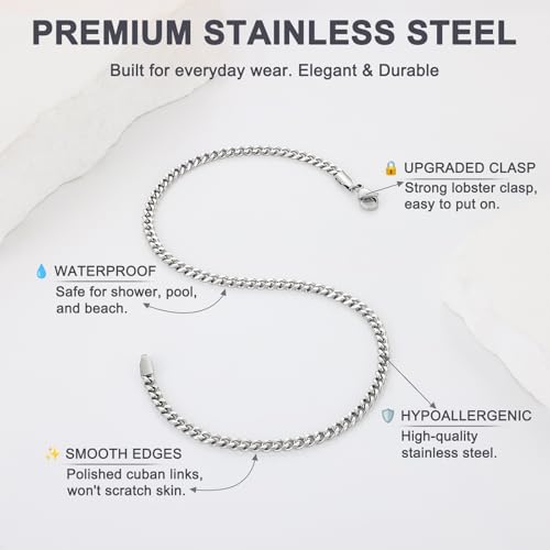 Image of Fiusem Silver Tone / 18k Gold Plated Anklet for Women, 3.5mm Stainless Steel Cuban link Chain Anklets for Women, Women's Anklets 9 inch /10 inch /11 inch