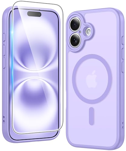 Image of FNTCASE for iPhone 16 Case Matte: Magnetic Phone Cases with Screen Protector Drop Proof Compatible with Magsafe Slim Anti Yellowing Rugged Shockproof Protective Translucent Cell Cover (C-Purple)