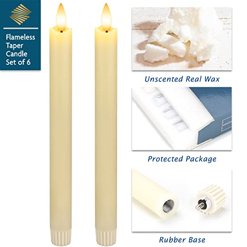 Image of Real Wax Flameless Taper Candles with Remote Timer,Battery Operated LED Candles Set with 3D Flickering Flame,9.6 inch Ivory Realistic Dripless Candlesticks for Wedding Home Decor,6 Pack