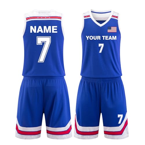 LAIFU Personalized Basketball Jerseys, Kids Adults Customizable Name Number Logo Basketball Jerseys Blue